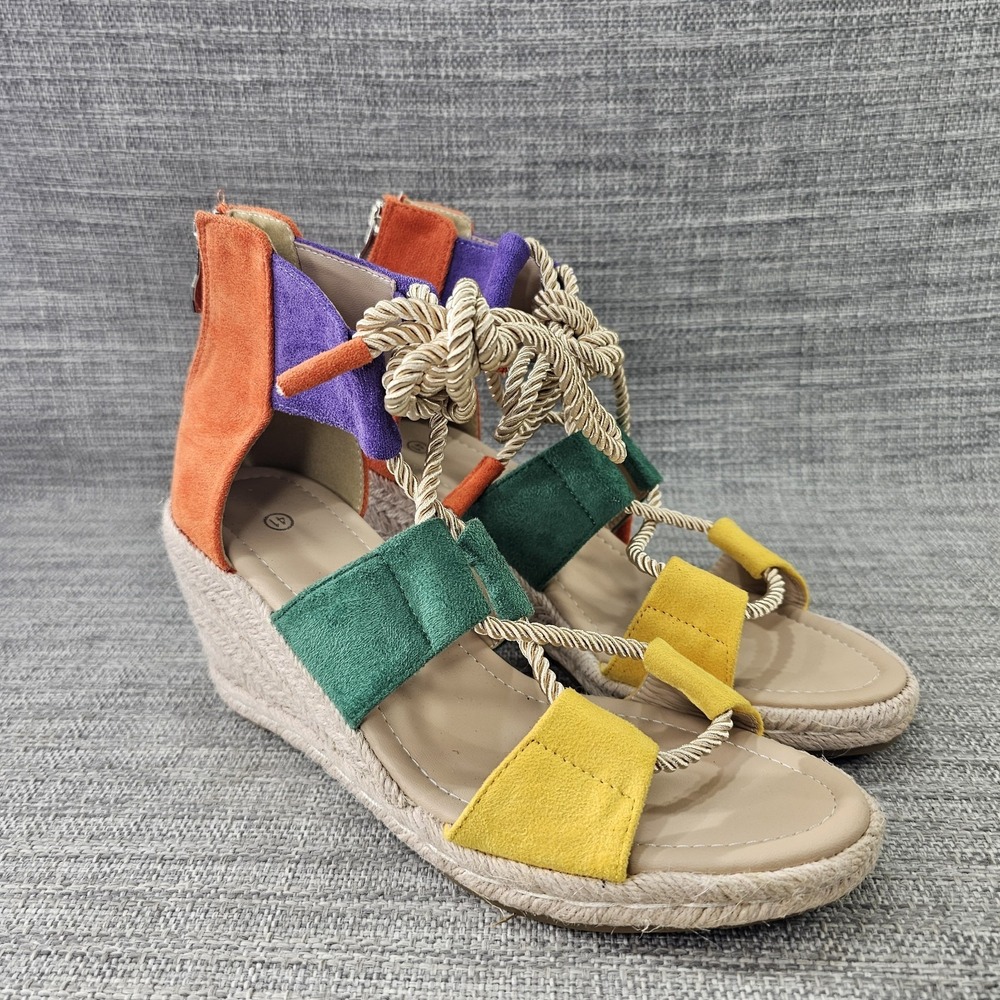 Shein Faux Suede Sandals Espadrille Wedge Ankle Strap Colorblock Women US 9.5/41
